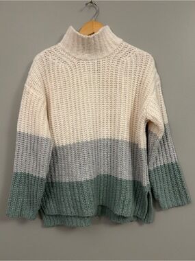 Ann Taylor Colorblock Turtleneck Sweater - Cream, Blue & Sage Medium
